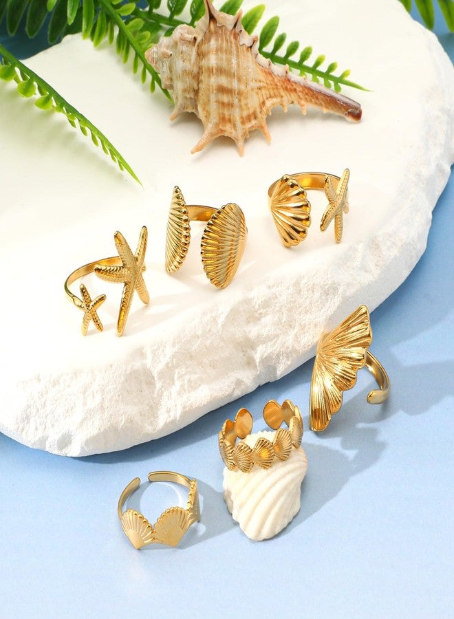 Jansun 6 PCS Gold Seashell Rings for Women 18k Gold Plated Seashell Ginkgo Starfish Surf Stackable Dainty Rings, Beachy Summer Jewelry Gift - Image 2